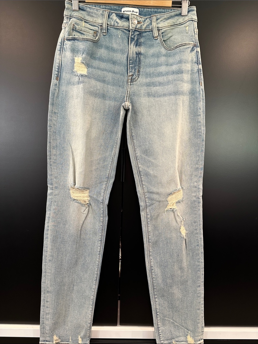 Studio Blue Distressed Light Blue Mom Jeans with Stretch
